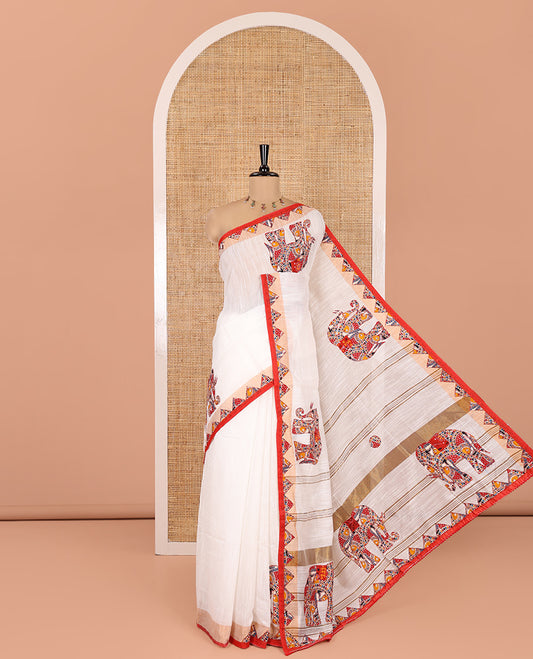 White-Red Khadi Linen Saree, Artfully Crafted with Elephant Appliqué Work, Contrast Temple Appliqué Border and a Plain Blouse