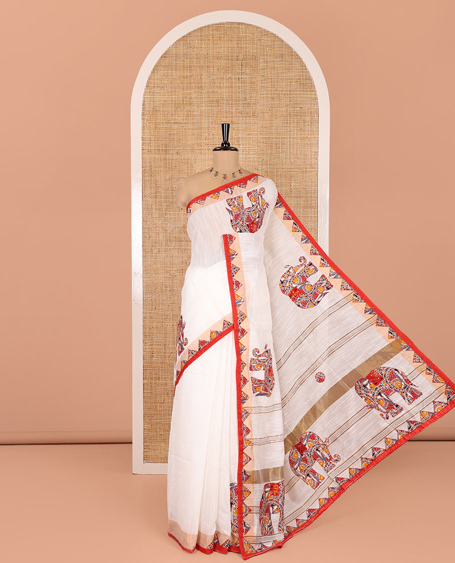 White-Red Khadi Linen Saree, Artfully Crafted with Elephant Appliqué Work, Contrast Temple Appliqué Border and a Plain Blouse