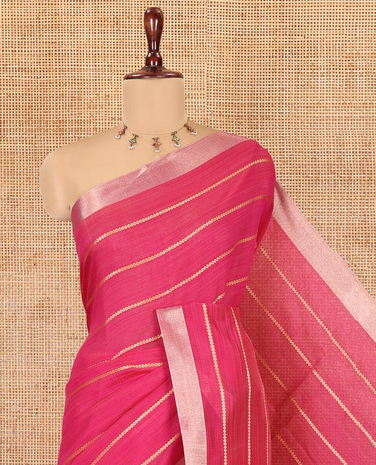Rani Pink Semi-Silk Cotton Saree, Graced with Veldhari Stripes, Gold Zari Border, Contrast Striped Pallu and a Contrast Blouse