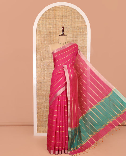 Rani Pink Semi-Silk Cotton Saree, Graced with Veldhari Stripes, Gold Zari Border, Contrast Striped Pallu and a Contrast Blouse