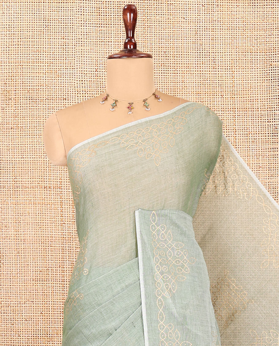 Borderless Pista Green Khadi Mul Cotton Saree Features Kambi Kolam Motifs, a Self-Pallu, and No Blouse