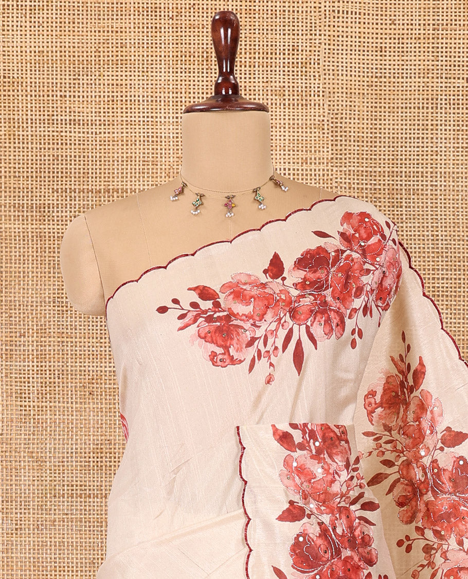 Cream-Maroon Semi-Tussar Saree Features Floral Print and Sequined Work, a Scallop Border, a Self-Pallu, and a Matching Blouse