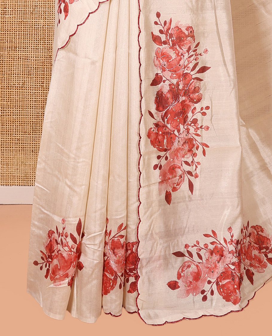 Cream-Maroon Semi-Tussar Saree Features Floral Print and Sequined Work, a Scallop Border, a Self-Pallu, and a Matching Blouse