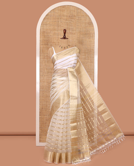 Cream Semi-Organza Saree, Boldly Accentuated with Zari Stripes, Highlighted by a Zari Traditional Border, and a Matching Blouse