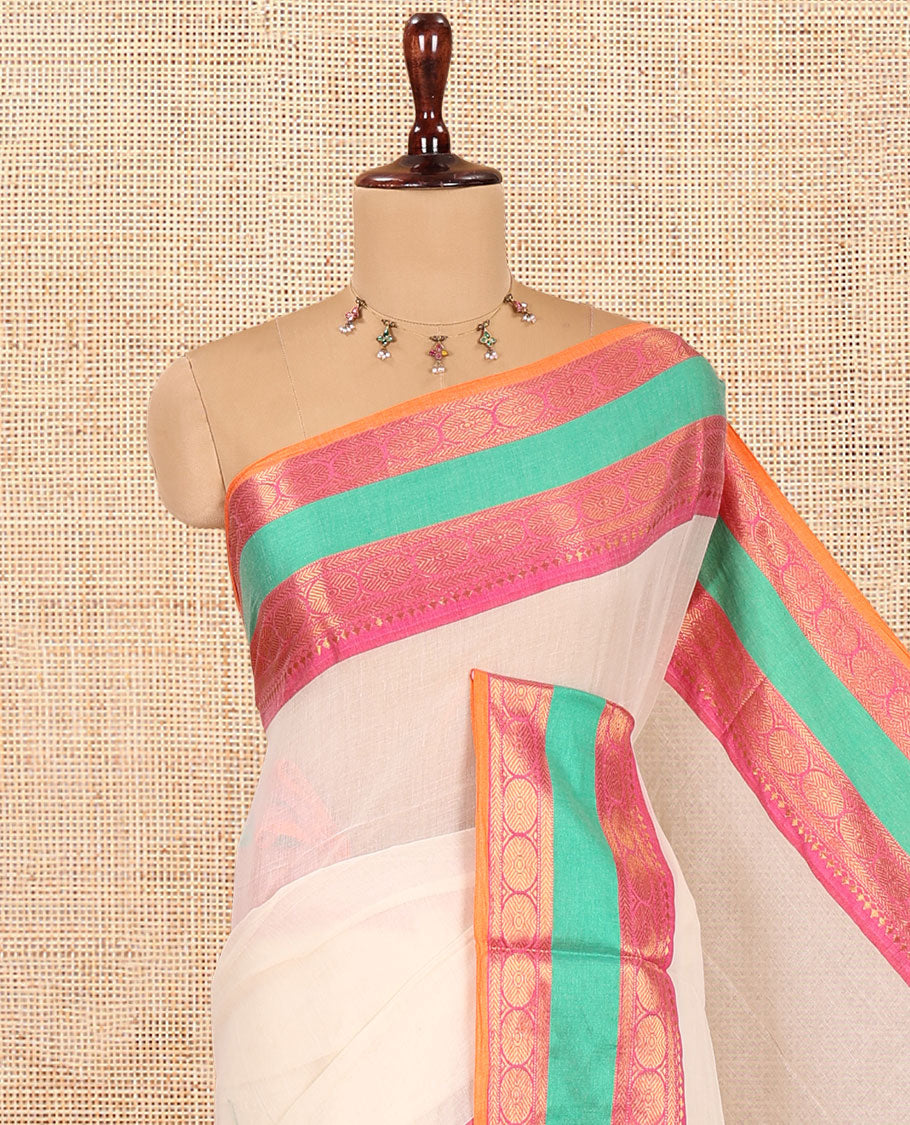 Cream Plain Khadi Mul Cotton Saree, Complemented by Contrast Traditional Zari Border, a Self-Pallu, and No Blouse