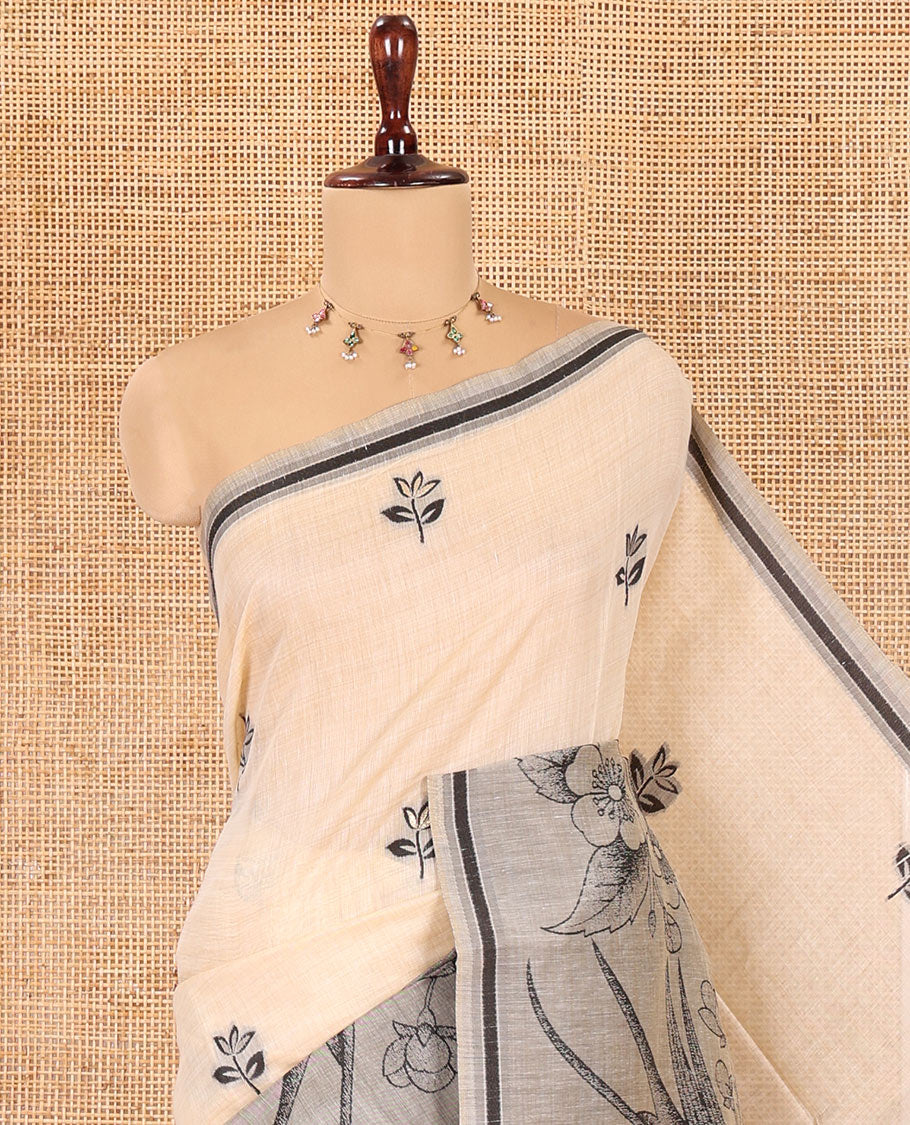 Grey Munga Cotton Saree, Beautified with Floral Buttas, a Contrast Floral-Bird Printed Border, and a Matching Blouse