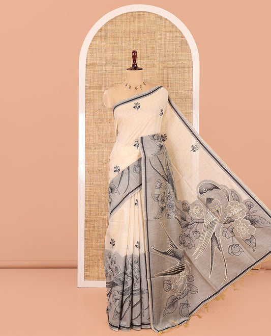 Grey Munga Cotton Saree, Beautified with Floral Buttas, a Contrast Floral-Bird Printed Border, and a Matching Blouse