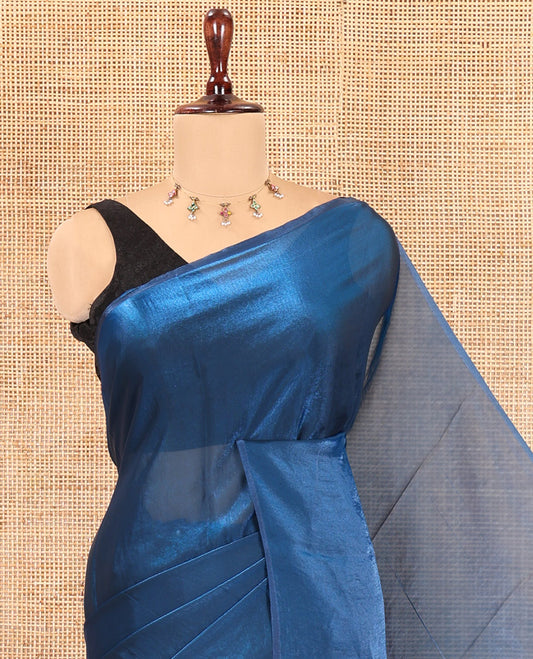 Borderless Blue Plain Fendi Chiffon Saree, a Self-Pallu, and a Matching Peacock Embroidered Blouse