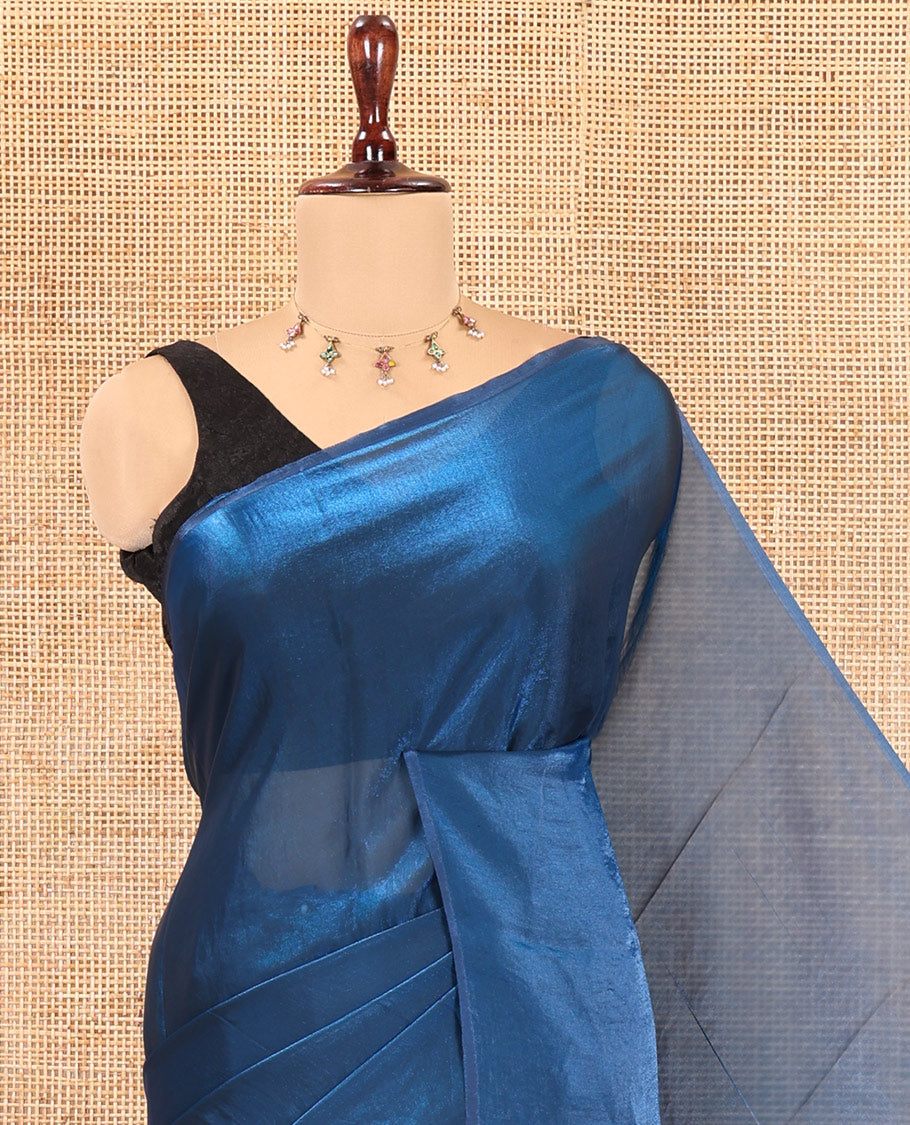 Borderless Blue Plain Fendi Chiffon Saree, a Self-Pallu, and a Matching Peacock Embroidered Blouse