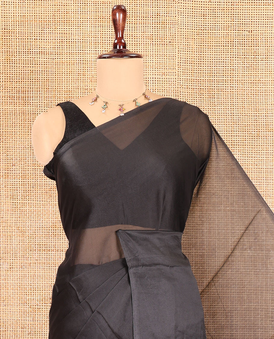 Borderless Black Plain Crushed Rangoli Chiffon Saree, Comes with a Matching Designer Blouse