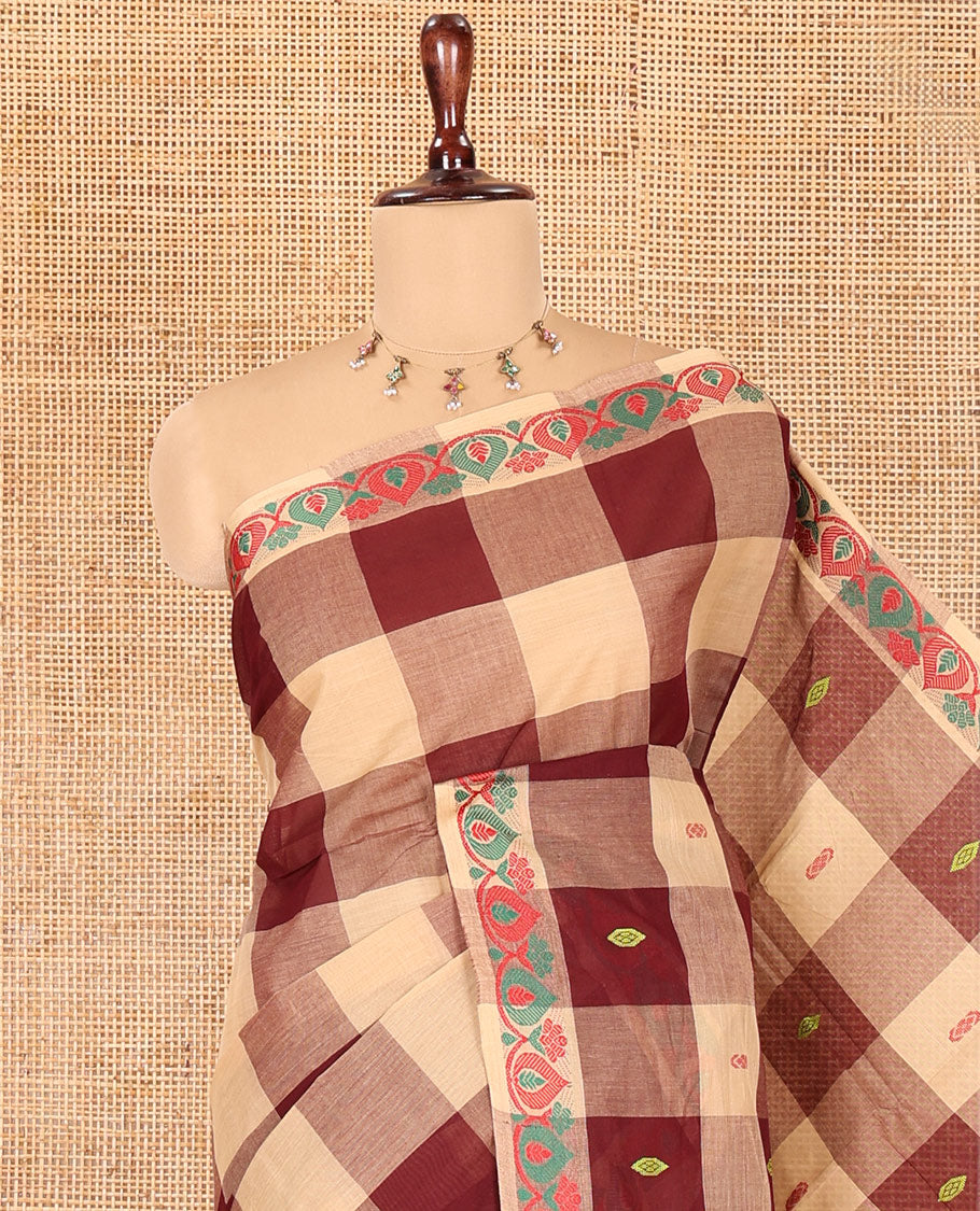 Chikku-Maroon Checked Chettinad Cotton Saree, Adorned with Buttas, Thread-Woven Border, a Self-Pallu, and No Blouse