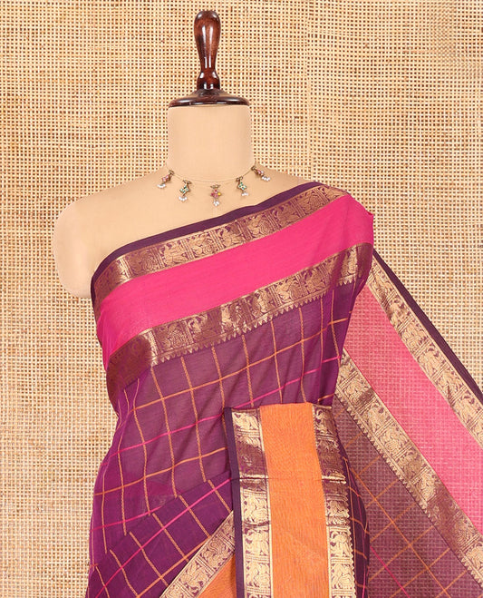 Purple Checked Chettinad Cotton Saree, Complemented by Contrast Rettai Pettu Granga-Jamuna Border, Jaal Pallu, and a Matching Blouse