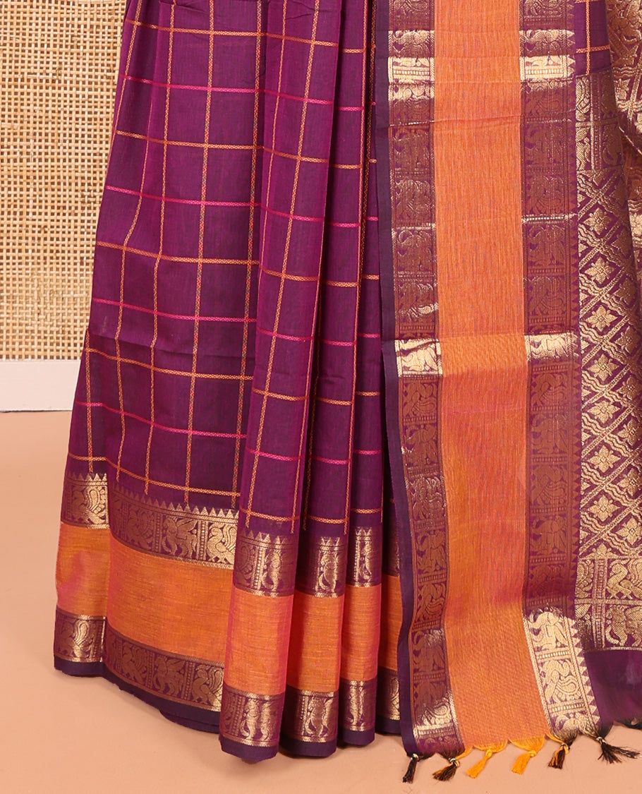 Purple Checked Chettinad Cotton Saree, Complemented by Contrast Rettai Pettu Granga-Jamuna Border, Jaal Pallu, and a Matching Blouse
