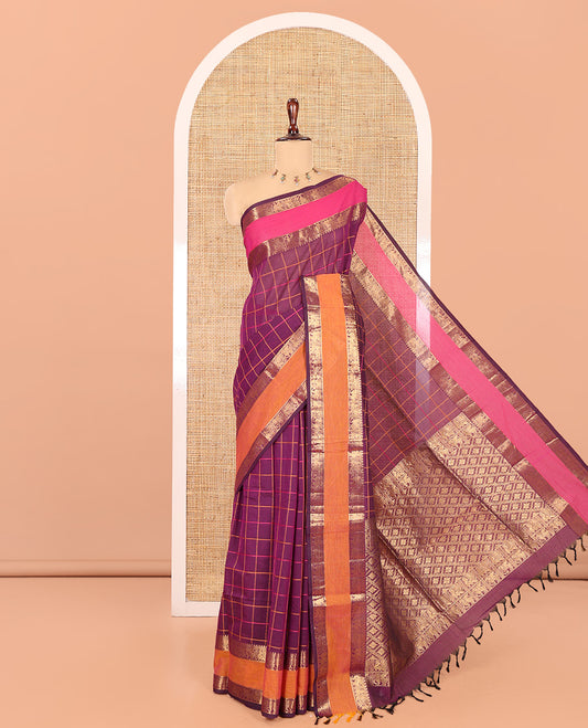 Purple Checked Chettinad Cotton Saree, Complemented by Contrast Rettai Pettu Granga-Jamuna Border, Jaal Pallu, and a Matching Blouse