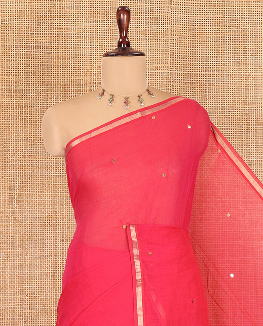 Rani Pink Khadi Mul Cotton Saree, Enthralled with Sequined Work, a Subtle Piping Border, Golden Pallu, and a Matching Blouse