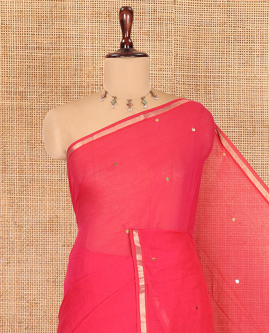 Rani Pink Khadi Mul Cotton Saree, Enthralled with Sequined Work, a Subtle Piping Border, Golden Pallu, and a Matching Blouse