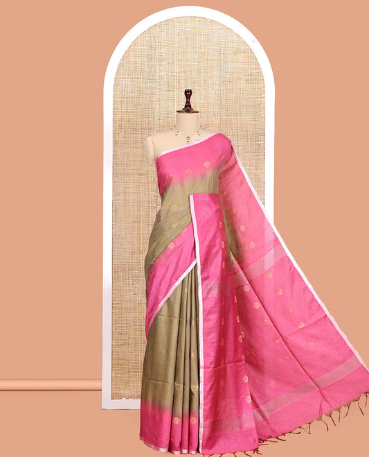 Olive Green Bhagalpur Cotton Saree, Subtly Sparkled with Buttas, a Contrast Butta Border, and a Contrast Blouse