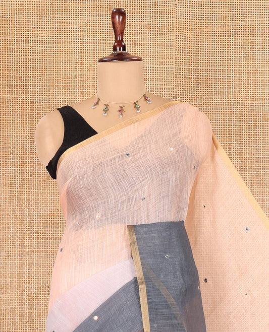 Grey Linen Cotton Saree Features Ombre-Style Dyed and Mirrorwork, a Subtle Piping Border, and a Matching Blouse