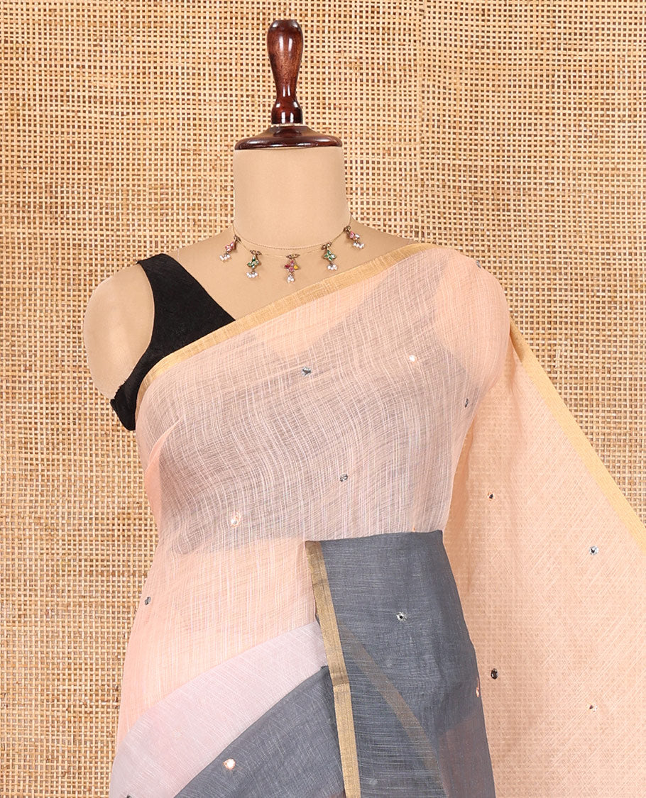 Grey Linen Cotton Saree Features Ombre-Style Dyed and Mirrorwork, a Subtle Piping Border, and a Matching Blouse
