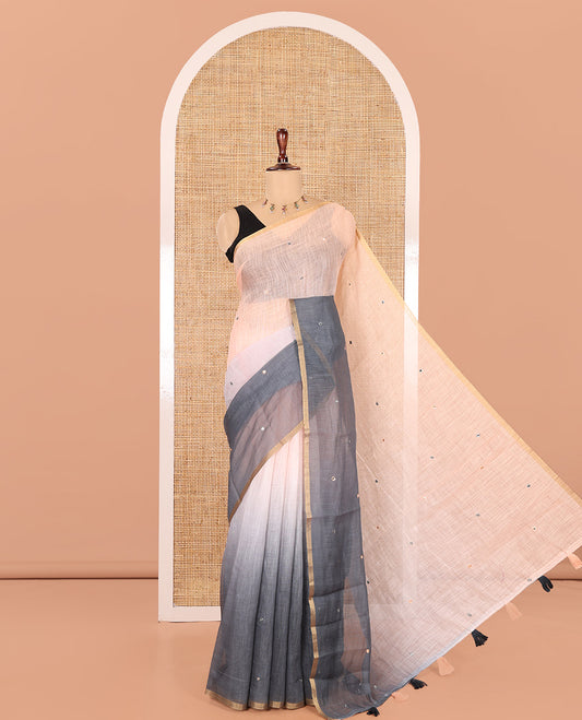 Grey Linen Cotton Saree Features Ombre-Style Dyed and Mirrorwork, a Subtle Piping Border, and a Matching Blouse
