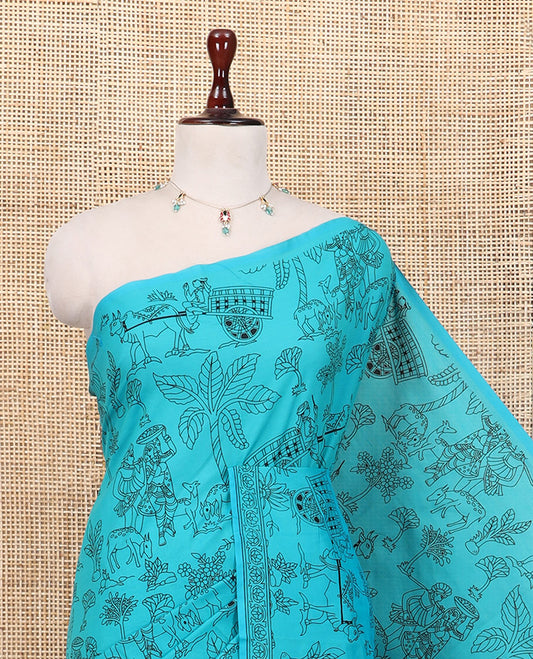Borderless Rama South Cotton Saree Features Traditional Village-Theme Print, and a Matching Blouse