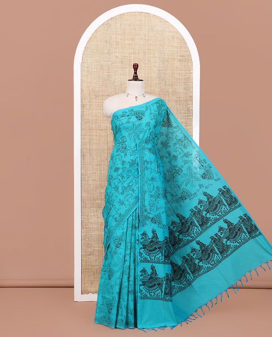 Borderless Rama South Cotton Saree Features Traditional Village-Theme Print, and a Matching Blouse