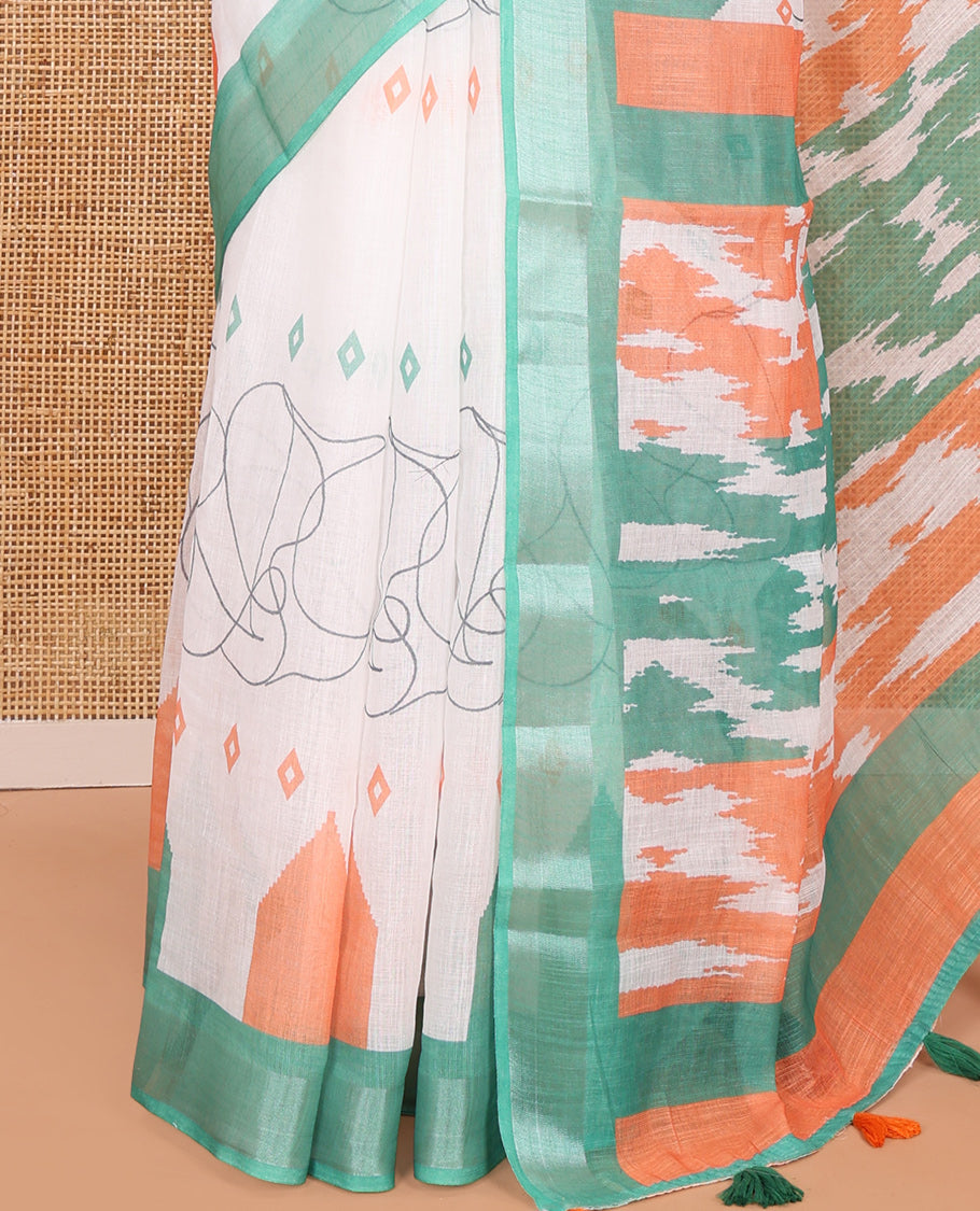 White Indian-National Flag-Themed Linen Cotton Saree, a Contrast Ganga-Jamuna Border, and Contrast Blouse