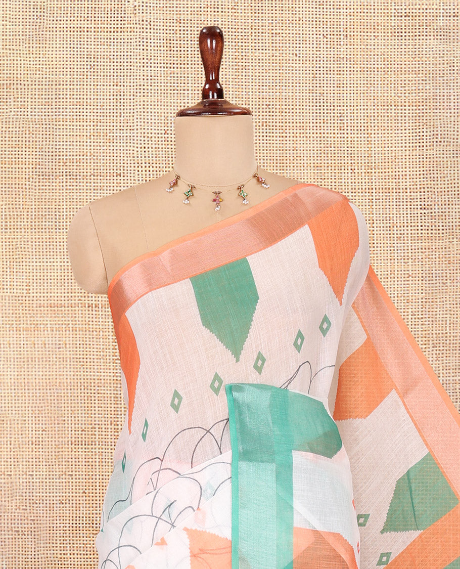 White Indian-National Flag-Themed Linen Cotton Saree, a Contrast Ganga-Jamuna Border, and Contrast Blouse