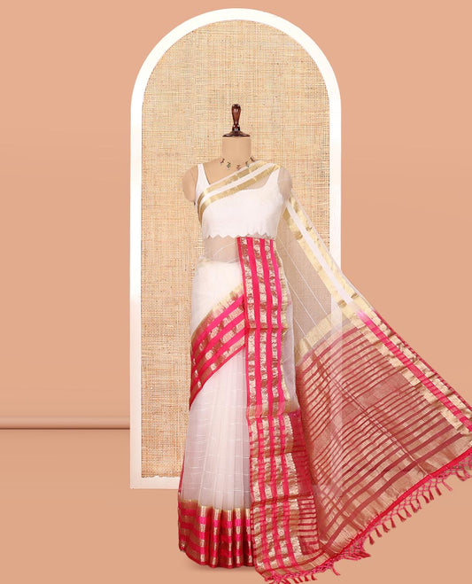 Off-White-Rani Pink Horizontal Striped Semi-Organza Saree, a Contrast Traditional Zari Border, Striped Pallu, and a Contrast Blouse
