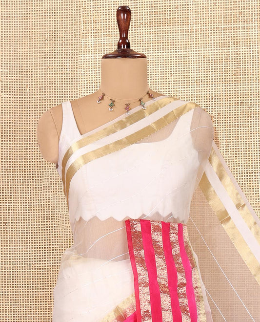 Off-White-Rani Pink Horizontal Striped Semi-Organza Saree, a Contrast Traditional Zari Border, Striped Pallu, and a Contrast Blouse