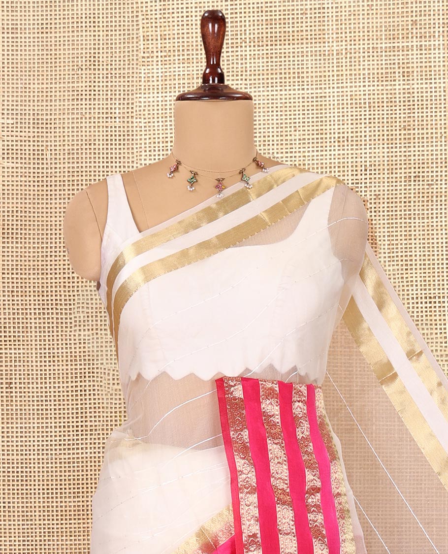 Off-White-Rani Pink Horizontal Striped Semi-Organza Saree, a Contrast Traditional Zari Border, Striped Pallu, and a Contrast Blouse