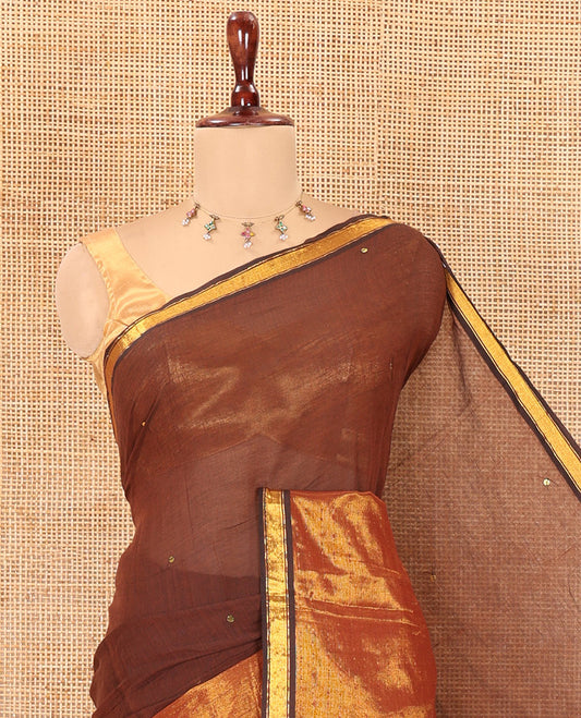 Brown Khadi Mul Cotton Saree, Gleamed Up with Sequins Work, a Golden Zari Border, Self-Pallu, and a No Blouse