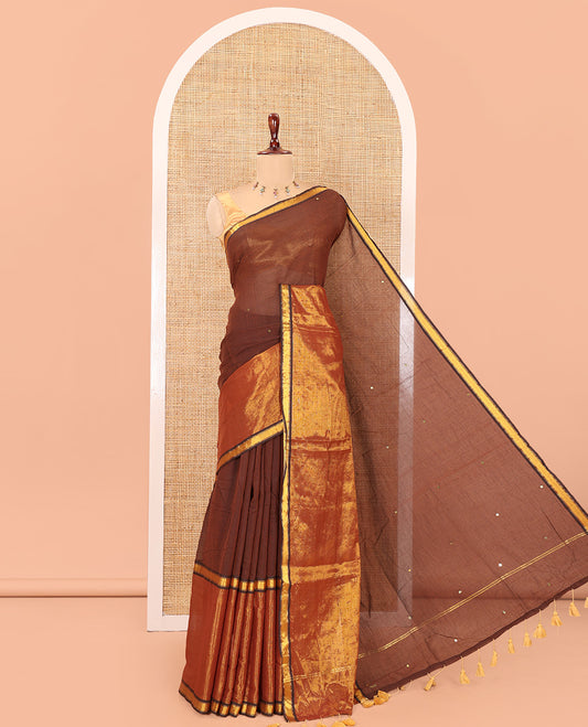 Brown Khadi Mul Cotton Saree, Gleamed Up with Sequins Work, a Golden Zari Border, Self-Pallu, and a No Blouse
