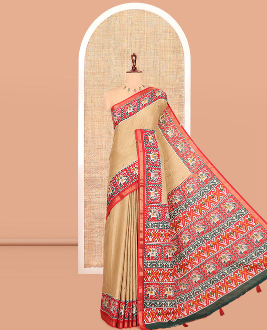 Chikku Manipuri Tussar Saree Features Mirror Work, Contrast Patola Elephant Printed Border, Patola Pallu, Matching Blouse