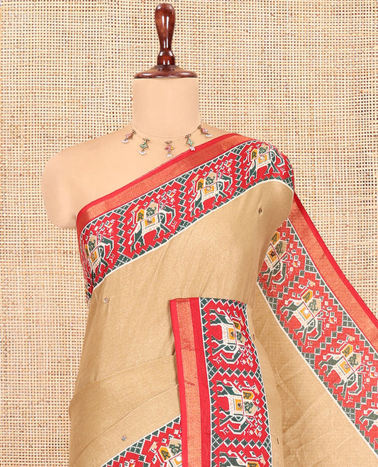 Chikku Manipuri Tussar Saree Features Mirror Work, Contrast Patola Elephant Printed Border, Patola Pallu, Matching Blouse