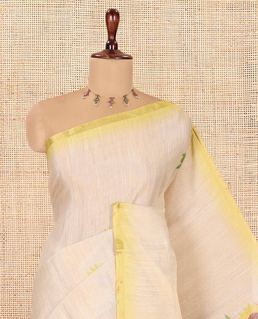 Gold-Yellow Tissue Linen Saree Features Sunflower Motifs, a Contrast Border, and a Contrast Blouse
