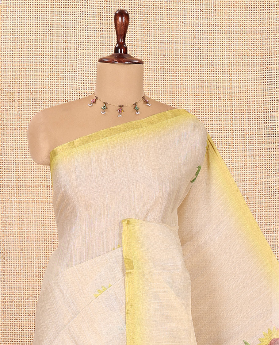 Gold-Yellow Tissue Linen Saree Features Sunflower Motifs, a Contrast Border, and a Contrast Blouse