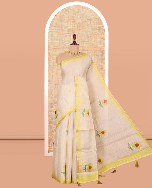 Gold-Yellow Tissue Linen Saree Features Sunflower Motifs, a Contrast Border, and a Contrast Blouse