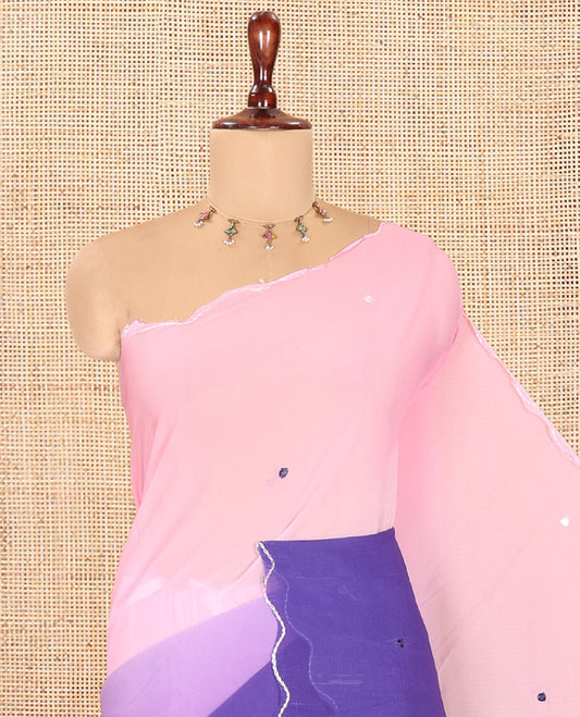 Violet-Baby Pink Chiffon Saree Features Ombre-Dye and Mirrorwork, Scallop Border, and a Matching Blouse