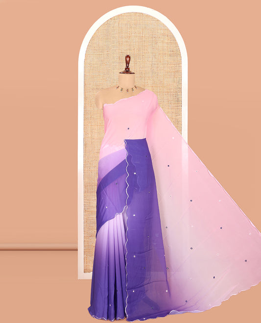 Violet-Baby Pink Chiffon Saree Features Ombre-Dye and Mirrorwork, Scallop Border, and a Matching Blouse