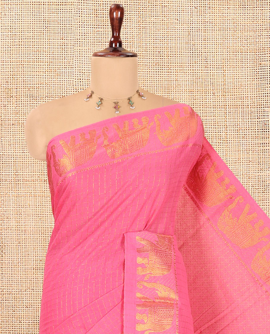Pink Checked Sungudi Cotton Saree, an Elephant Zari Border, and a Matching Blouse