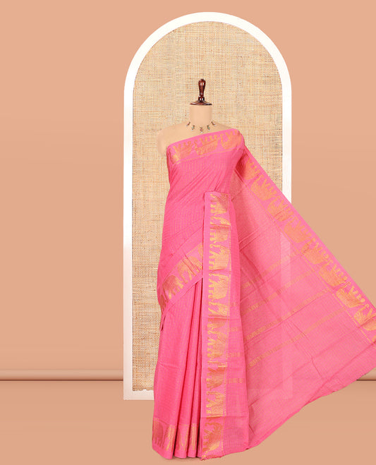 Pink Checked Sungudi Cotton Saree, an Elephant Zari Border, and a Matching Blouse