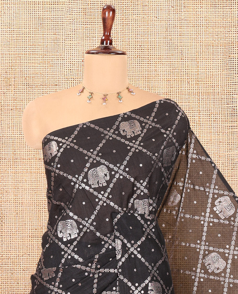 Borderless Black Vichitra Silk Saree Features Elephant Butta Enclosed Jaal Design, a Self-Pallu, and No Blouse