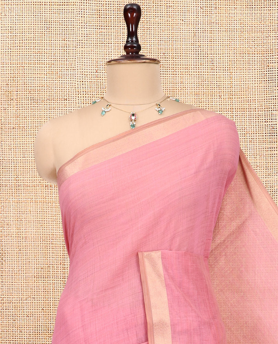Pink Plain Semi-Tussar Saree, a Zari Border, Multi-Colored Striped Pallu, and a Contrast Blouse