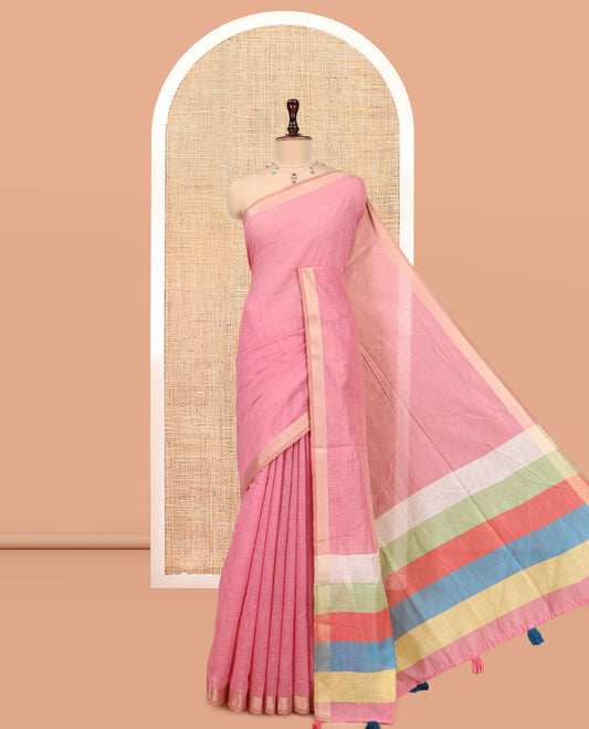 Pink Plain Semi-Tussar Saree, a Zari Border, Multi-Colored Striped Pallu, and a Contrast Blouse