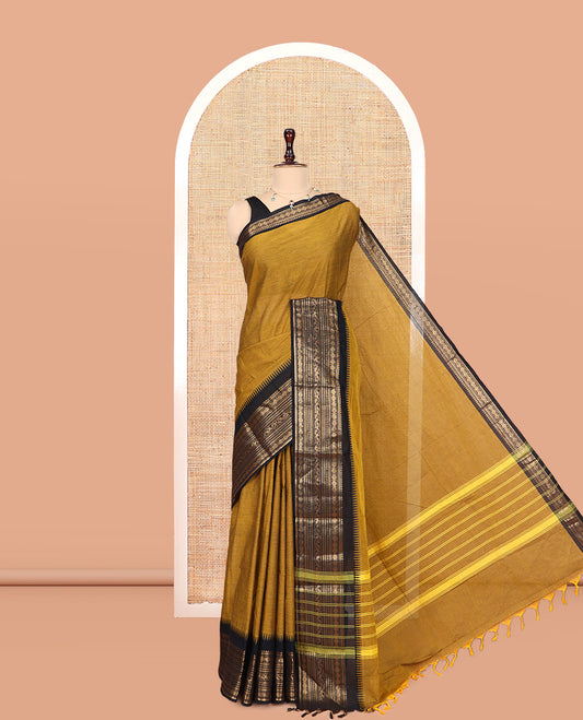 Mustard Plain Chettinad Cotton Saree, a Contrast Traditional Zari Temple Border, Striped Pallu, a Matching Blouse