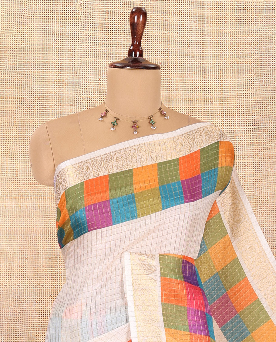 Cream-Green Checked Semi-Tussar Saree, a Contrast Madras-Checked Border, a Contrast Blouse