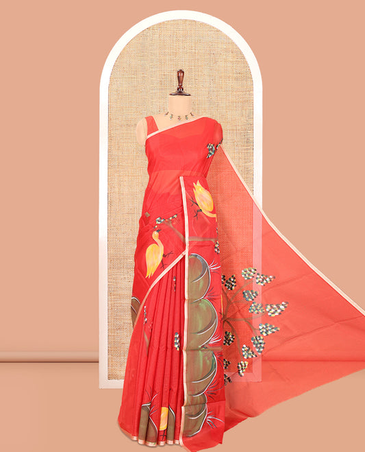 Red Kota Chex Saree, Embellished with Tree and Bird Print, a Piping Border, Pallu of Tree Motifs, and a Matching Blouse