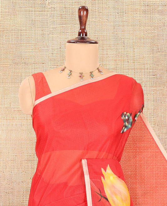 Red Kota Chex Saree, Embellished with Tree and Bird Print, a Piping Border, Pallu of Tree Motifs, and a Matching Blouse