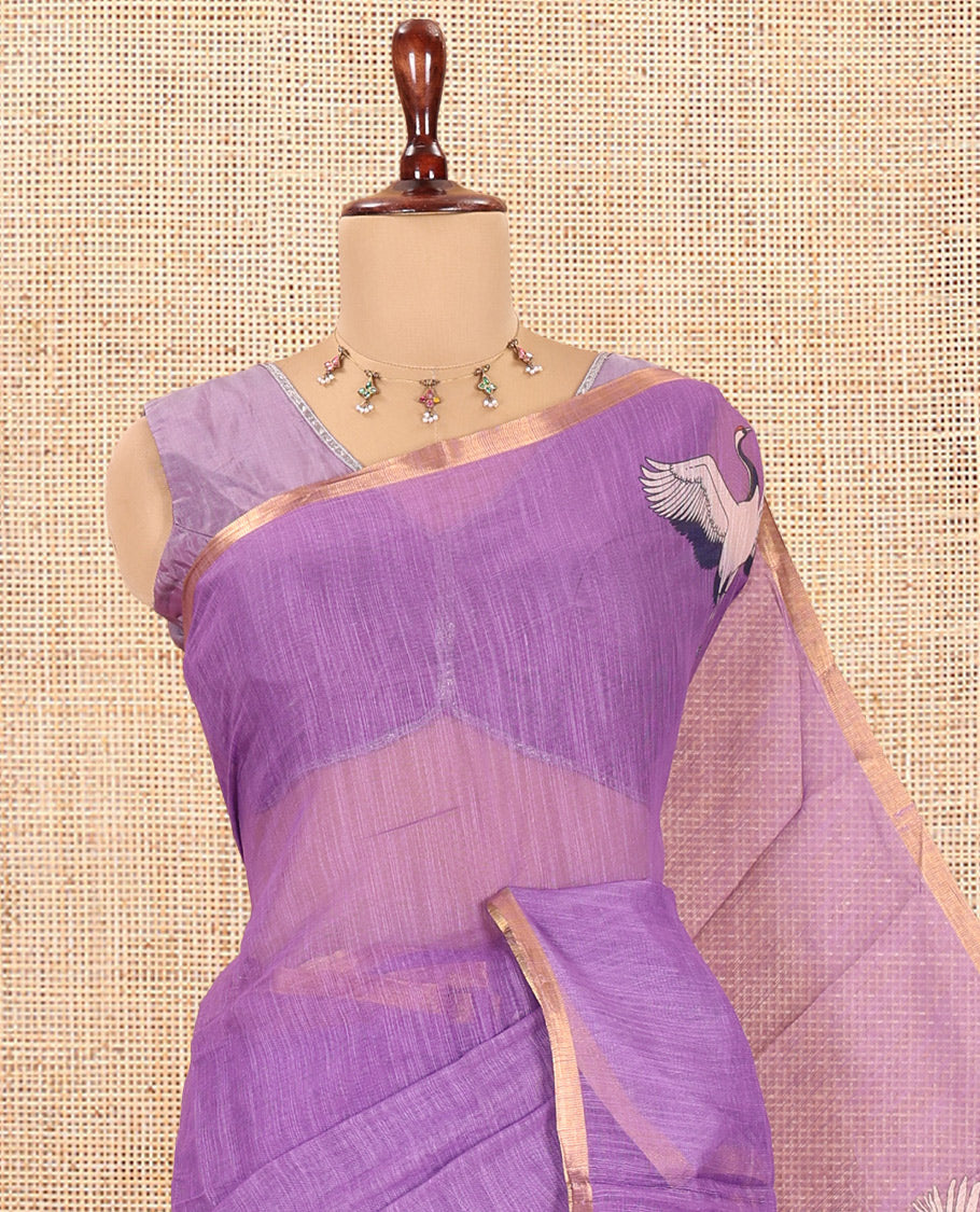 Borderless Violet Linen Cotton Saree, Adorned with Crane Motifs Print, and a Matching Blouse